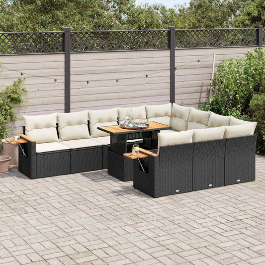 11-tlg. Garten-Sofagarnitur mit Kissen Schwarz Poly Rattan