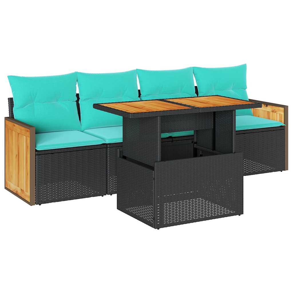 5tlg. Garten-Sofagarnitur mit Kissen Schwarz Poly Rattan Akazie