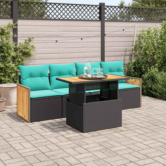 5tlg. Garten-Sofagarnitur mit Kissen Schwarz Poly Rattan Akazie