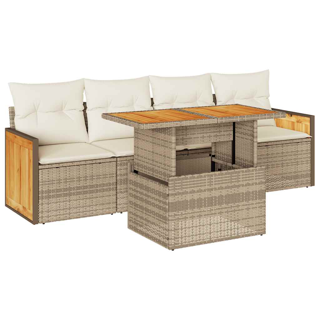 5-tlg. Garten-Sofagarnitur mit Kissen Beige Poly Rattan Akazie