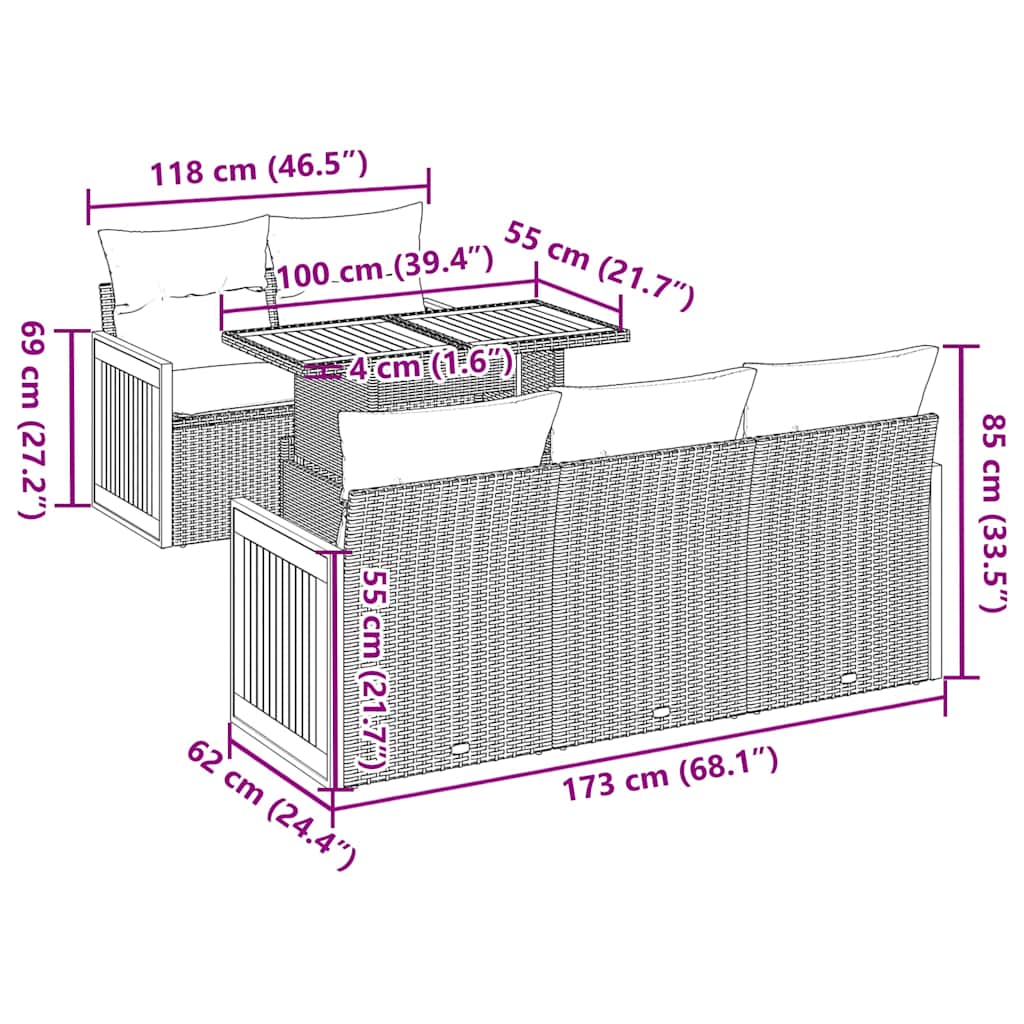 6-tlg. Garten-Sofagarnitur mit Kissen Beige Poly Rattan Akazie