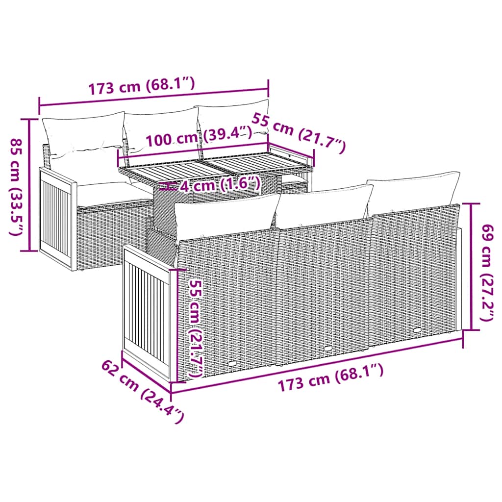 7-tlg. Garten-Sofagarnitur mit Kissen Schwarz Poly Rattan