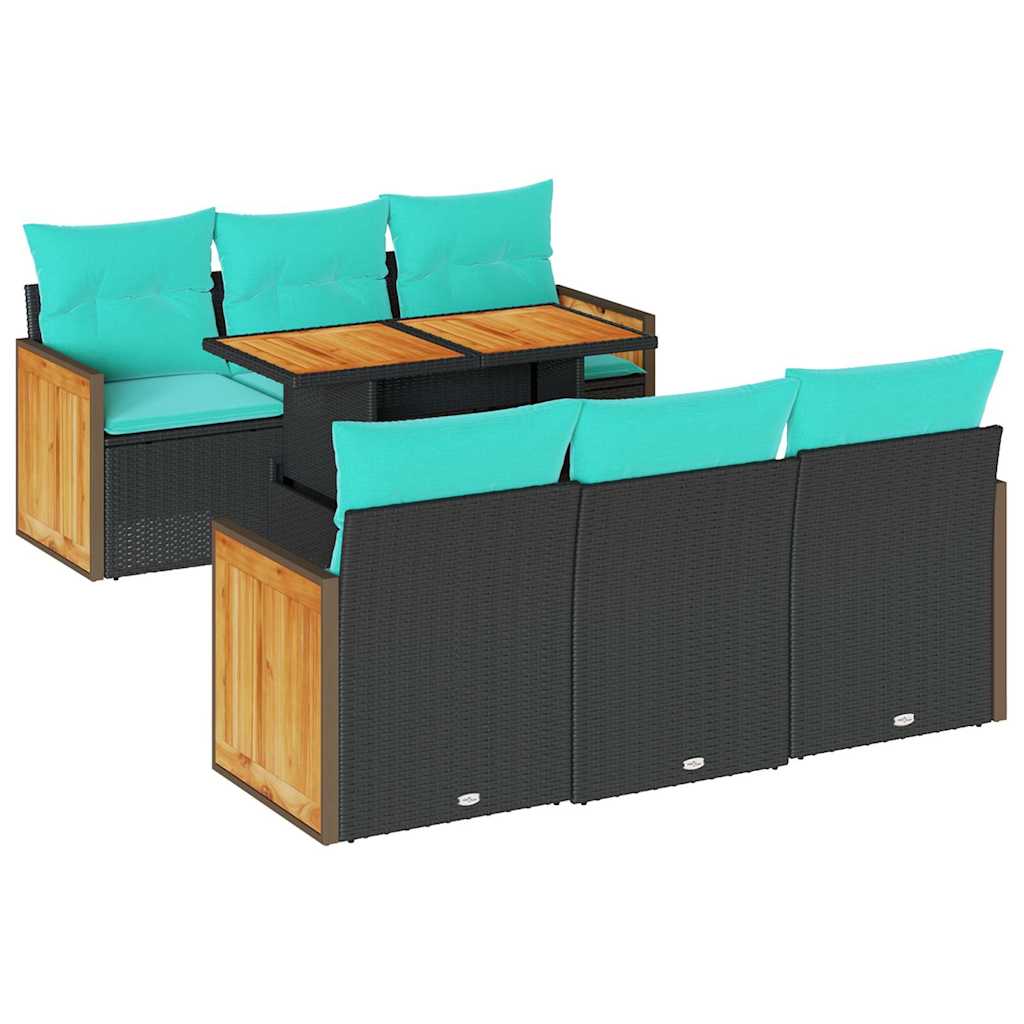 7-tlg. Garten-Sofagarnitur mit Kissen Schwarz Poly Rattan