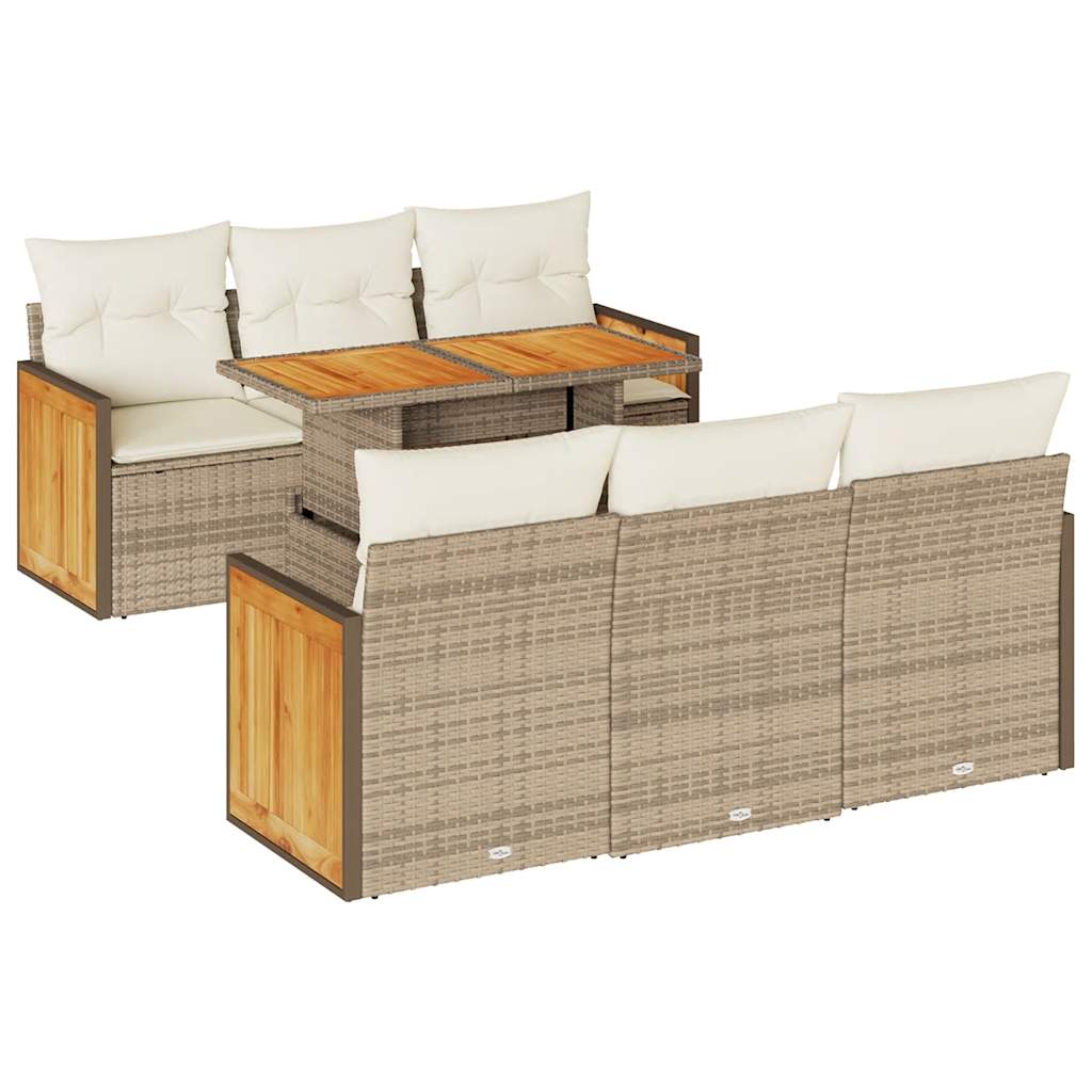 7-tlg. Garten-Sofagarnitur mit Kissen Beige Poly Rattan Akazie