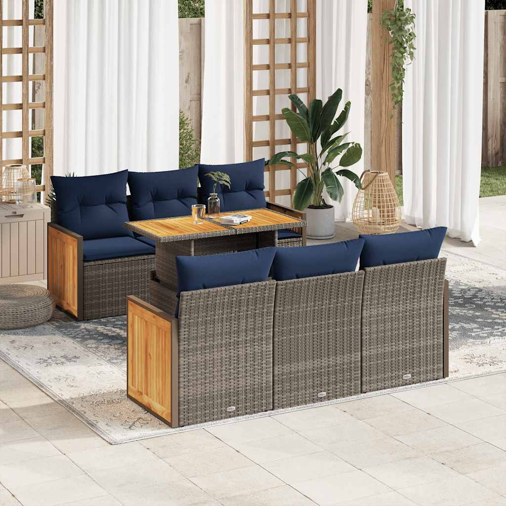 7-tlg. Garten-Sofagarnitur mit Kissen Grau Poly Rattan Akazie