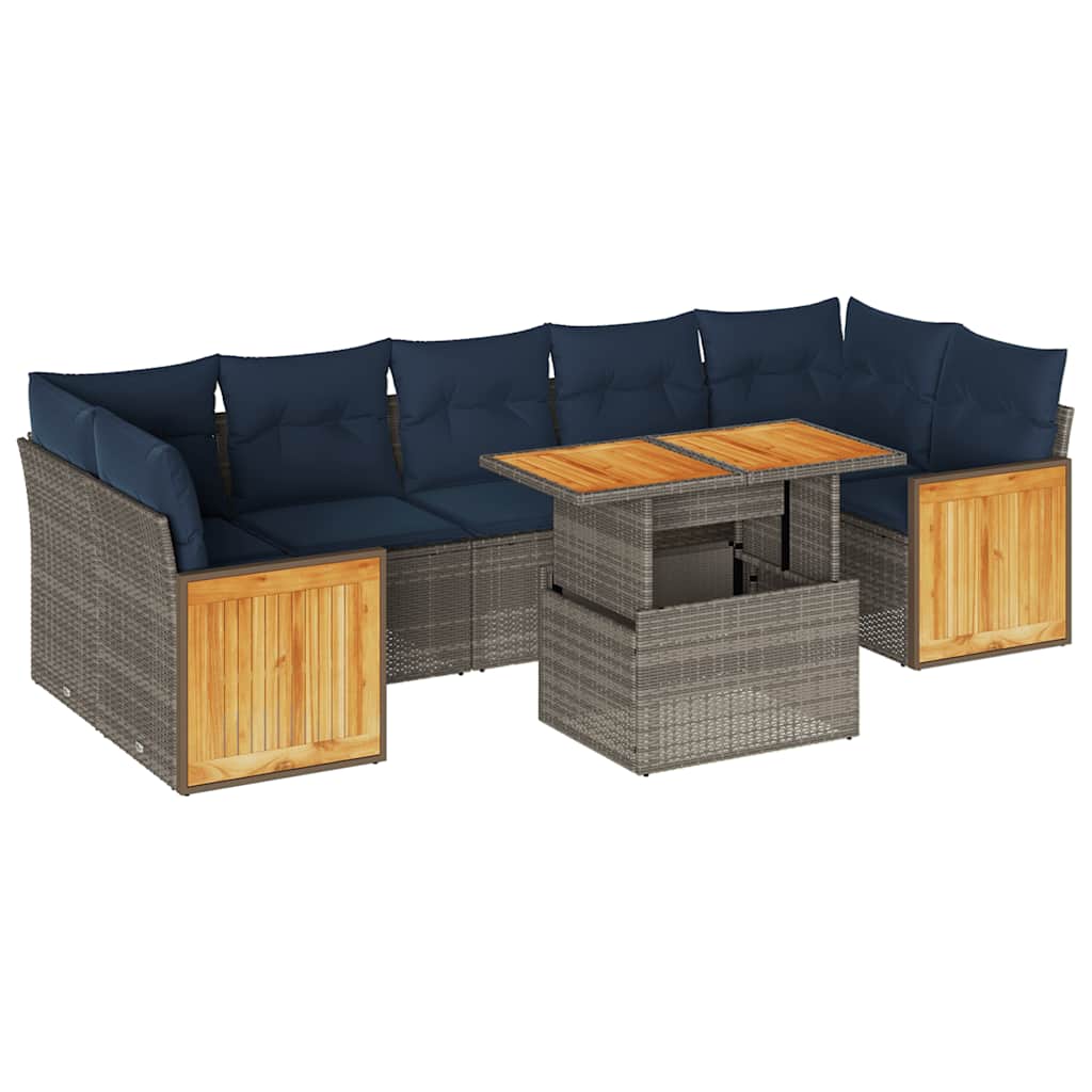 8-tlg. Garten-Sofagarnitur mit Kissen Grau Poly Rattan Akazie