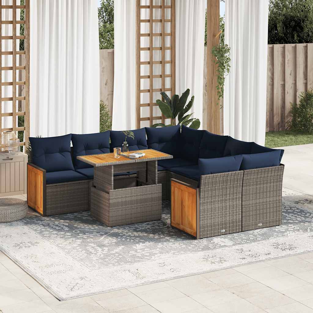 9-tlg. Garten-Sofagarnitur mit Kissen Grau Poly Rattan Akazie