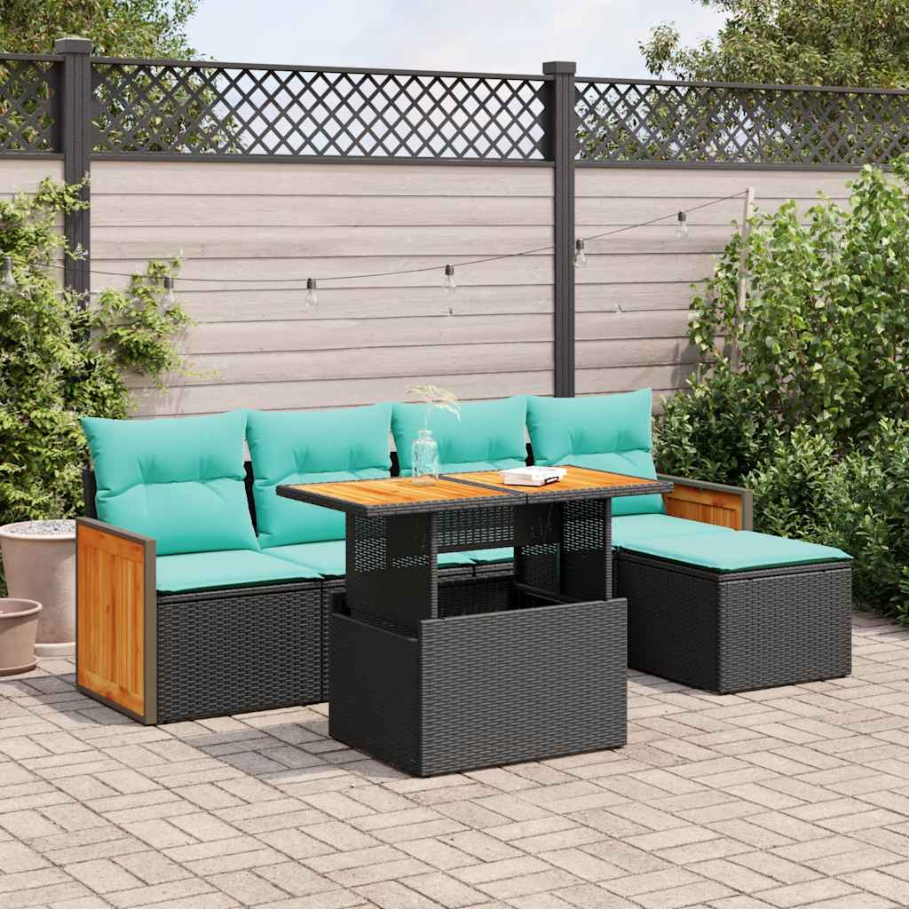6-tlg. Garten-Sofagarnitur mit Kissen Schwarz Poly Rattan
