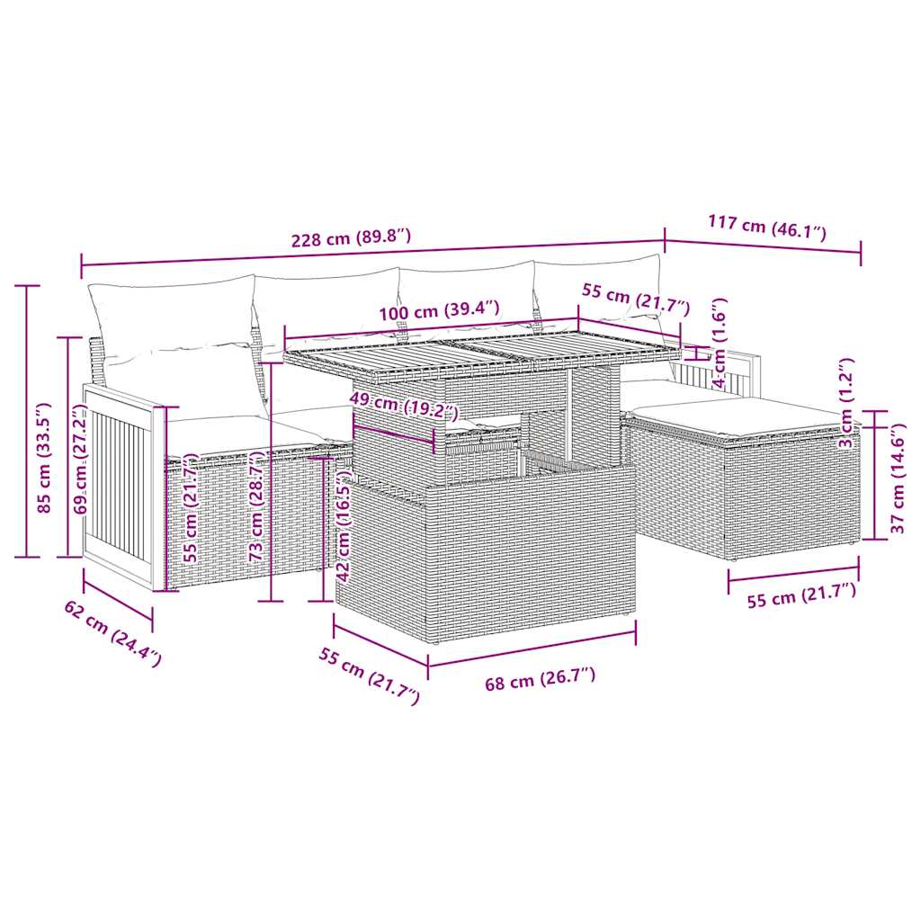 6-tlg. Garten-Sofagarnitur mit Kissen Beige Poly Rattan Akazie
