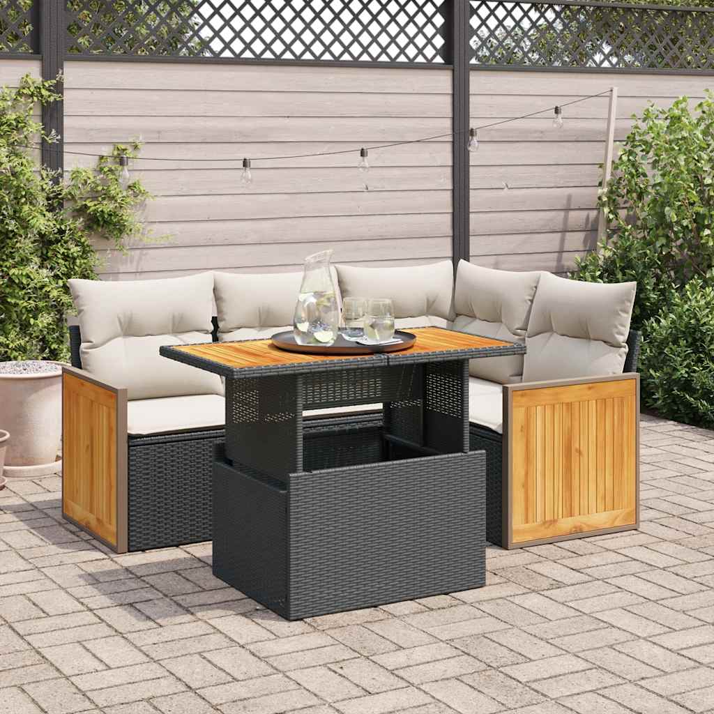 5tlg. Garten-Sofagarnitur mit Kissen Schwarz Poly Rattan Akazie
