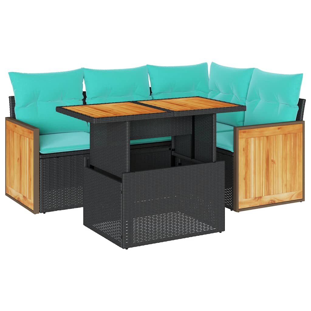 5tlg. Garten-Sofagarnitur mit Kissen Schwarz Poly Rattan Akazie