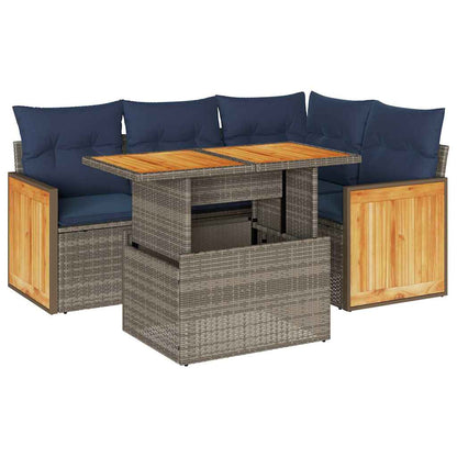 5-tlg. Garten-Sofagarnitur mit Kissen Grau Poly Rattan Akazie