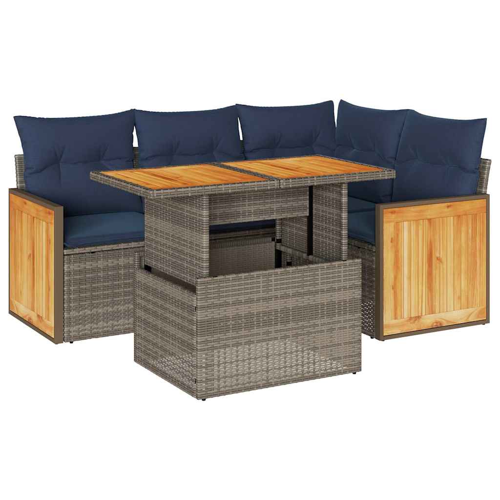 5-tlg. Garten-Sofagarnitur mit Kissen Grau Poly Rattan Akazie