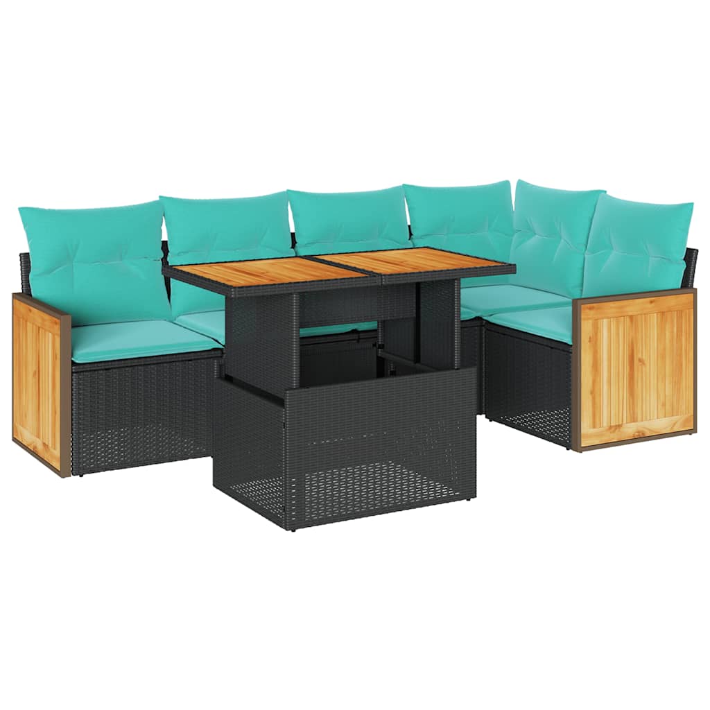 6-tlg. Garten-Sofagarnitur mit Kissen Schwarz Poly Rattan