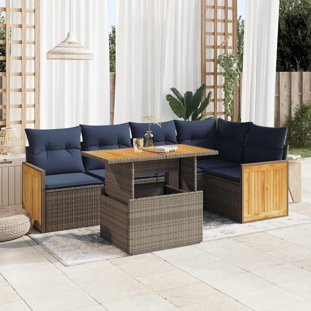 6-tlg. Garten-Sofagarnitur mit Kissen Grau Poly Rattan Akazie