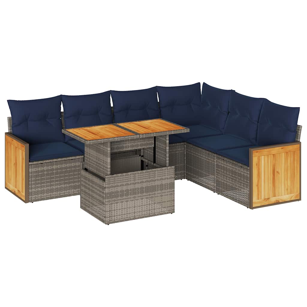 7-tlg. Garten-Sofagarnitur mit Kissen Grau Poly Rattan Akazie