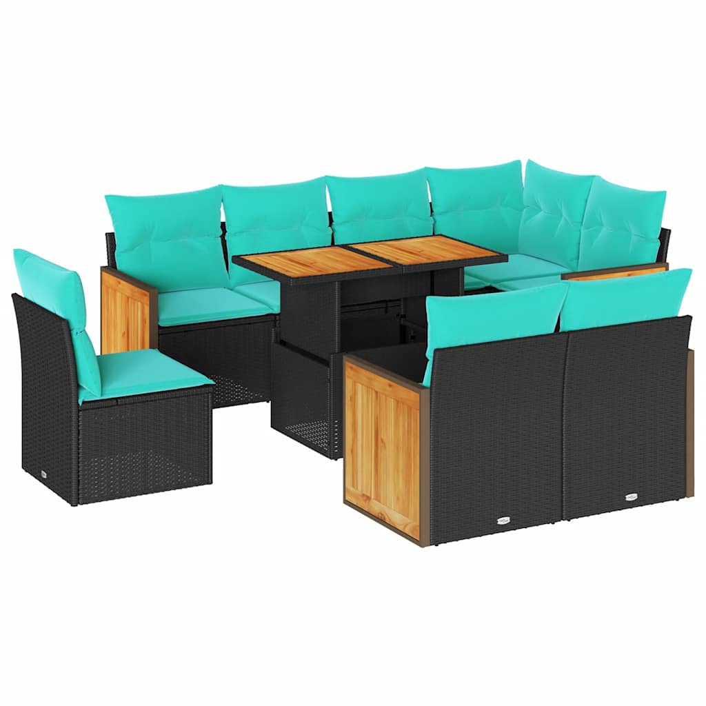 9-tlg. Garten-Sofagarnitur mit Kissen Schwarz Poly Rattan