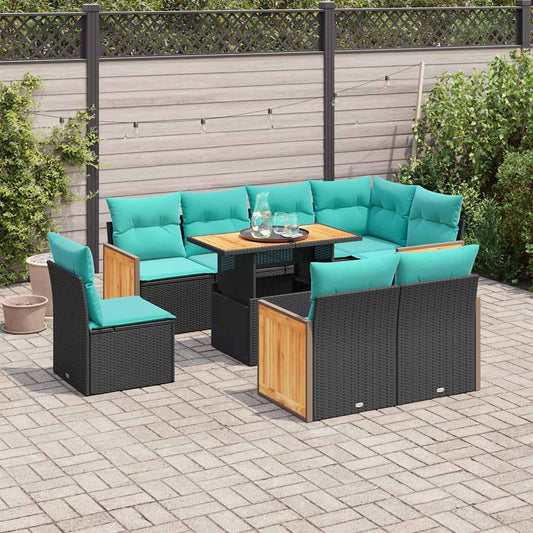 9-tlg. Garten-Sofagarnitur mit Kissen Schwarz Poly Rattan