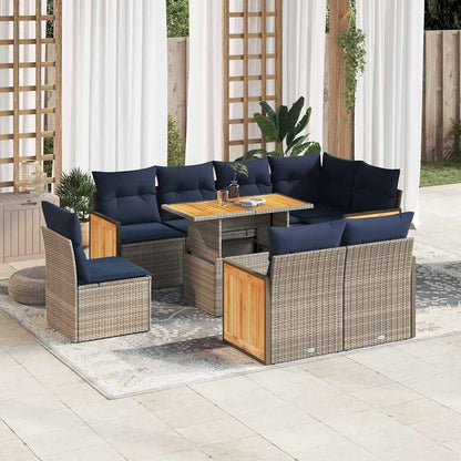 9-tlg. Garten-Sofagarnitur mit Kissen Grau Poly Rattan Akazie