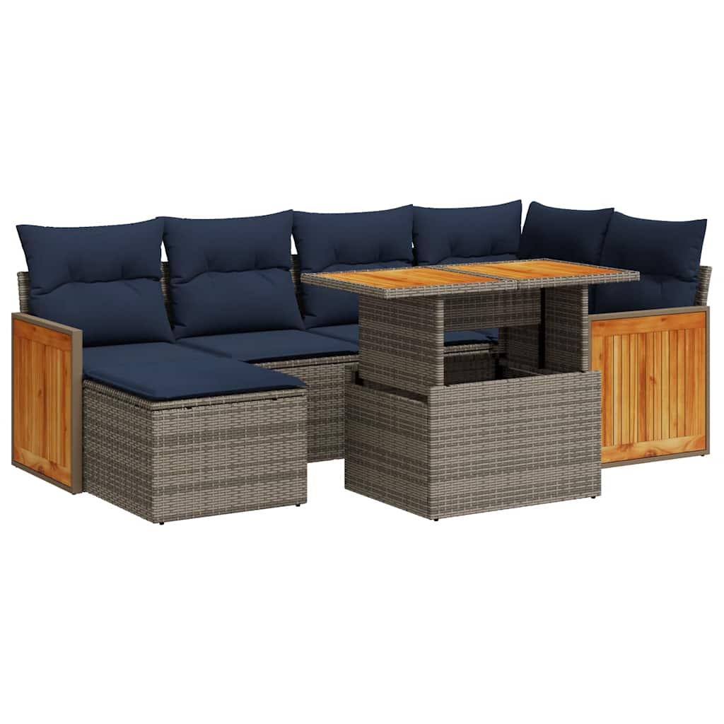 7-tlg. Garten-Sofagarnitur mit Kissen Schwarz Poly Rattan