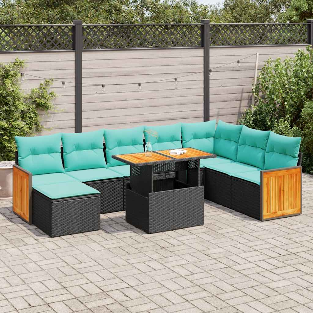 11-tlg. Garten-Sofagarnitur mit Kissen Schwarz Poly Rattan
