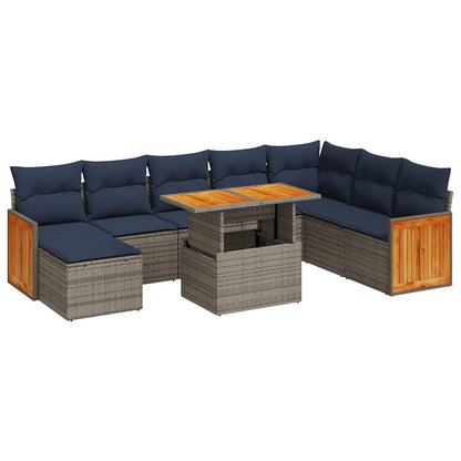 11-tlg. Garten-Sofagarnitur mit Kissen Grau Poly Rattan Akazie