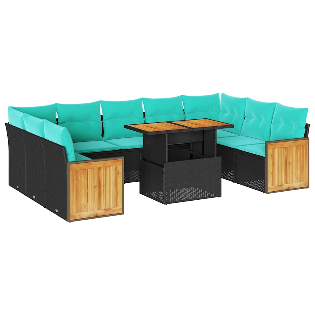 10-tlg. Garten-Sofagarnitur mit Kissen Schwarz Poly Rattan