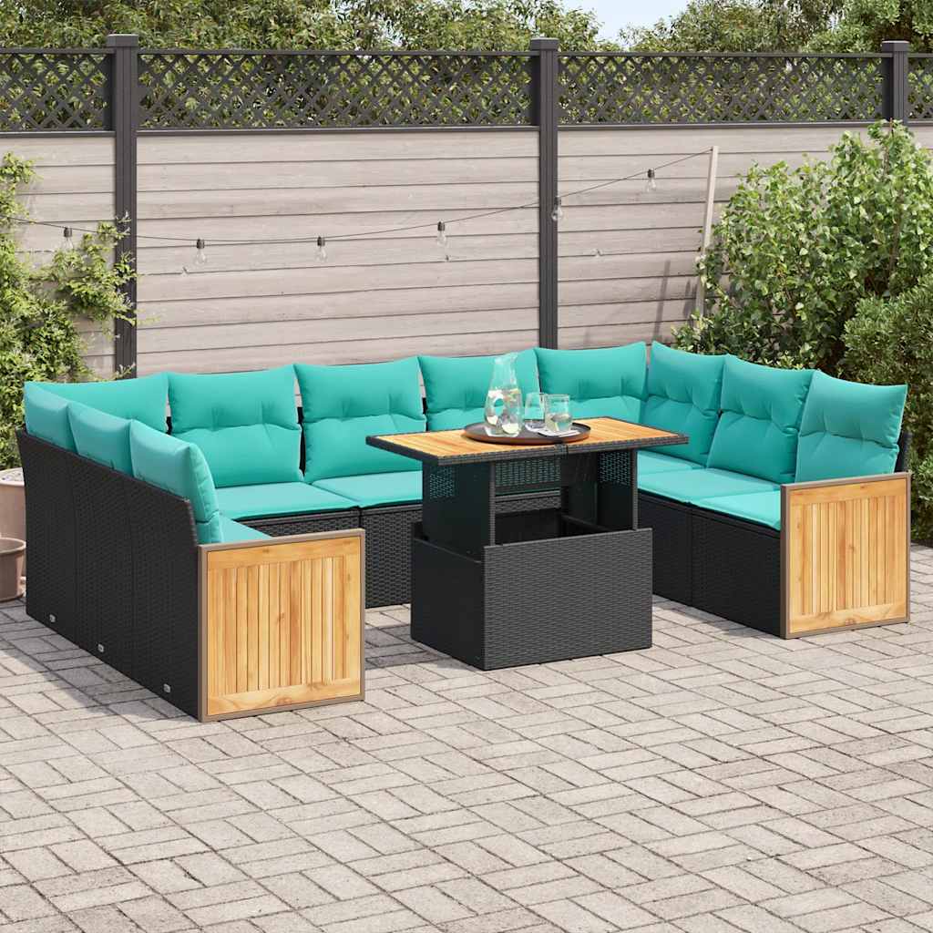 10-tlg. Garten-Sofagarnitur mit Kissen Schwarz Poly Rattan