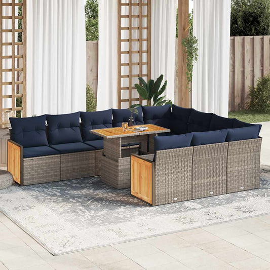 11-tlg. Garten-Sofagarnitur mit Kissen Grau Poly Rattan Akazie