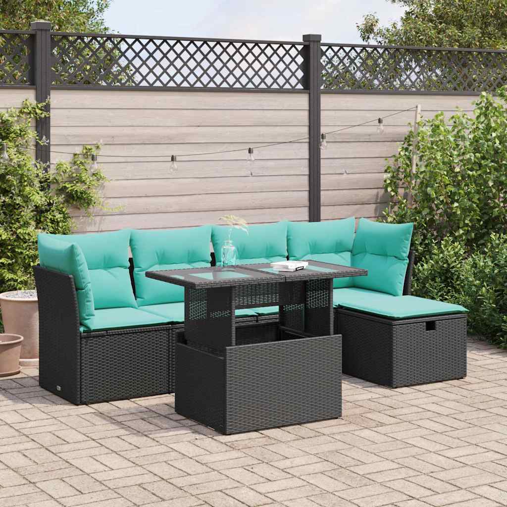 6-tlg. Garten-Sofagarnitur mit Kissen Schwarz Poly Rattan