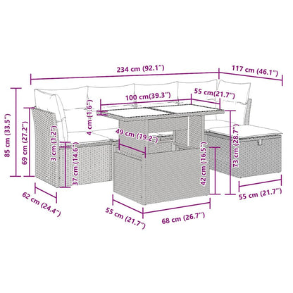 6-tlg. Garten-Sofagarnitur mit Kissen Grau Poly Rattan Akazie
