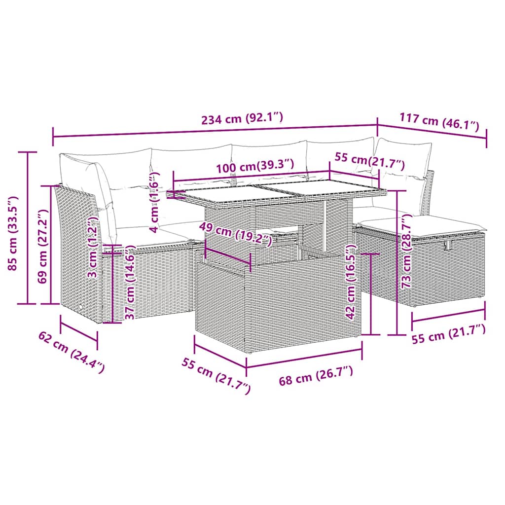 6-tlg. Garten-Sofagarnitur mit Kissen Grau Poly Rattan Akazie