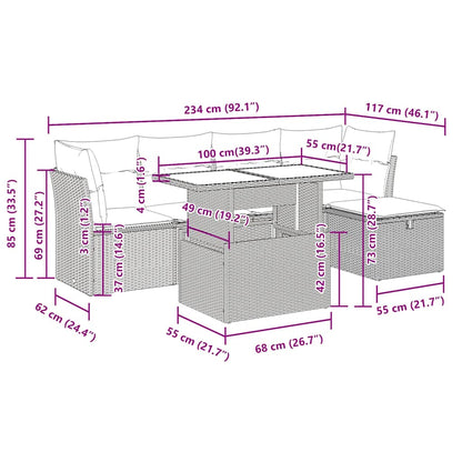 6-tlg. Garten-Sofagarnitur mit Kissen Braun Poly Rattan Akazie