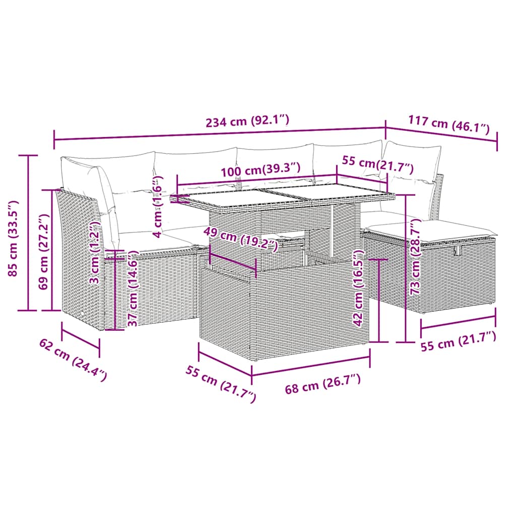 6-tlg. Garten-Sofagarnitur mit Kissen Braun Poly Rattan Akazie