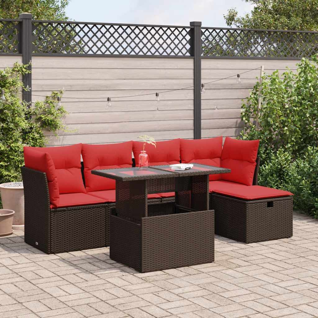 6-tlg. Garten-Sofagarnitur mit Kissen Braun Poly Rattan Akazie