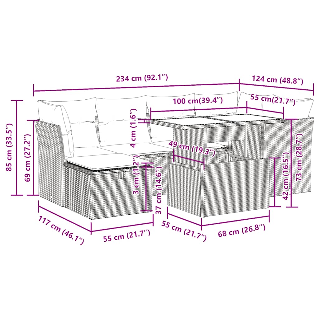 7-tlg. Garten-Sofagarnitur mit Kissen Grau Poly Rattan
