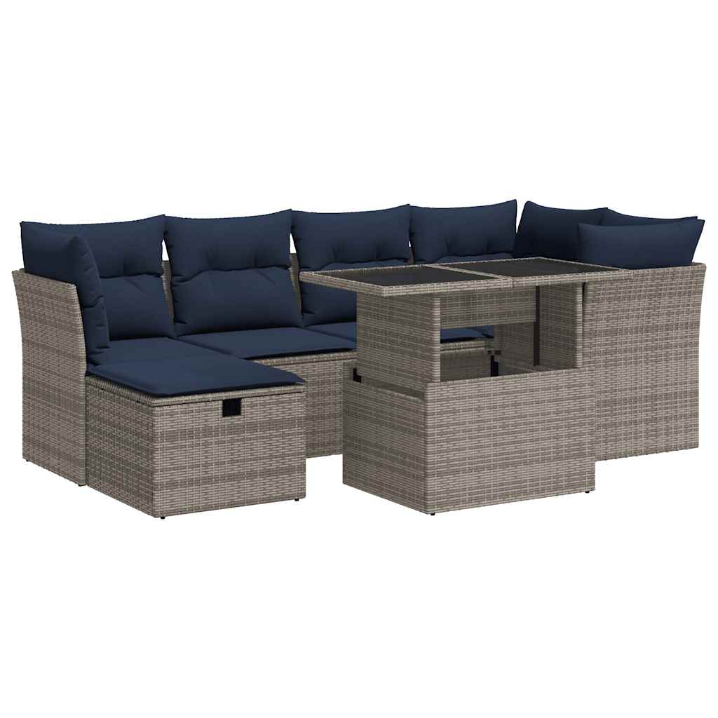 7-tlg. Garten-Sofagarnitur mit Kissen Grau Poly Rattan Akazie