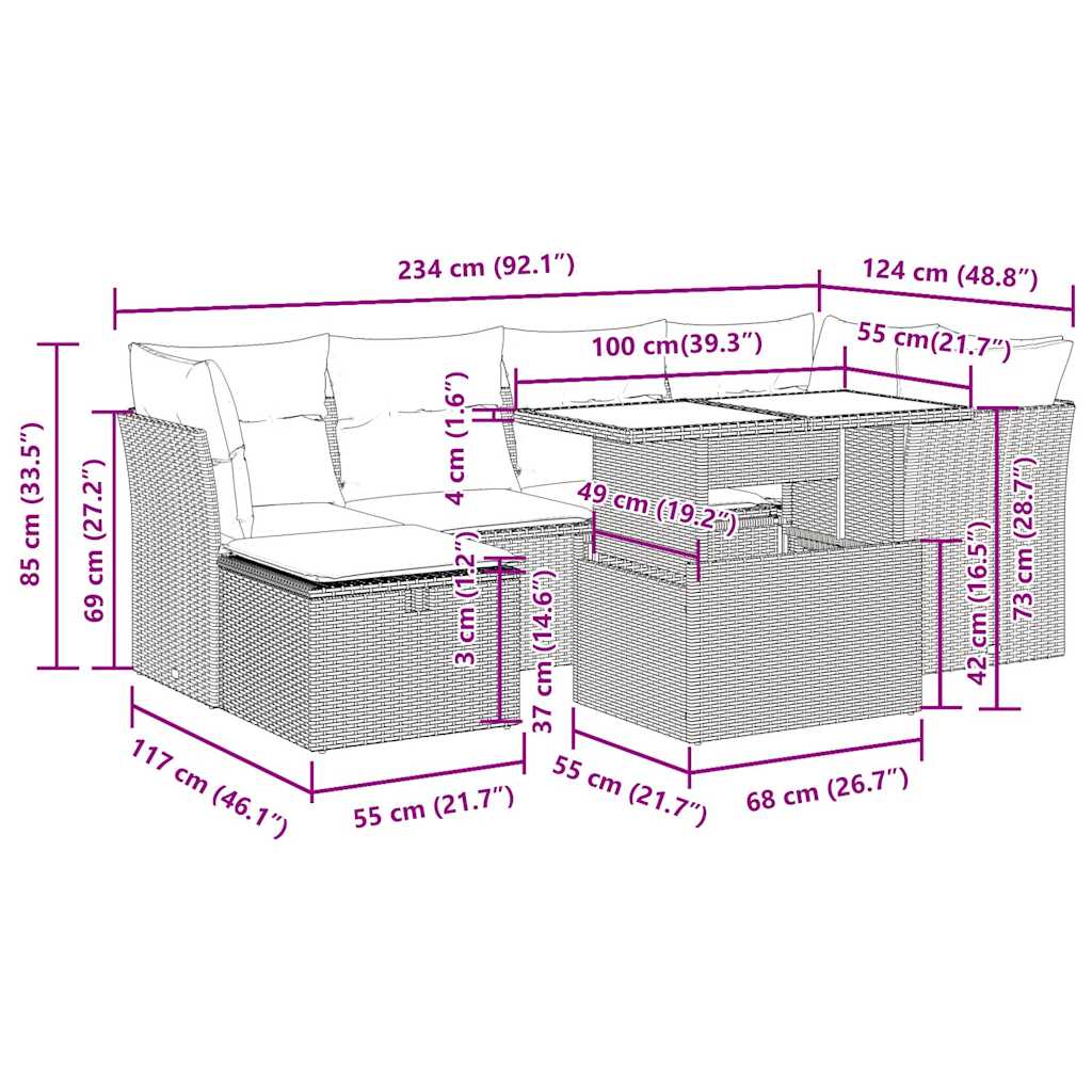 7-tlg. Garten-Sofagarnitur mit Kissen Braun Poly Rattan Akazie