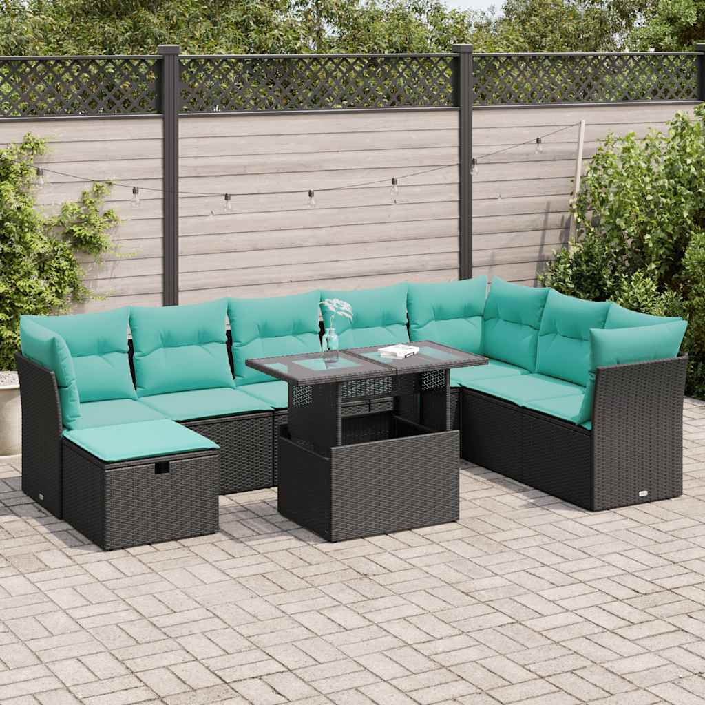 9-tlg. Garten-Sofagarnitur mit Kissen Schwarz Poly Rattan