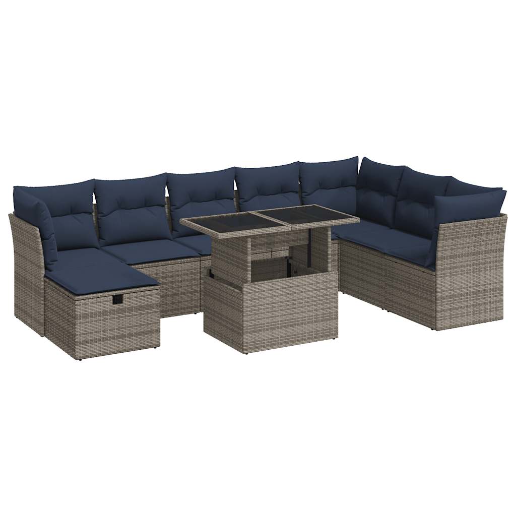 9-tlg. Garten-Sofagarnitur mit Kissen Grau Poly Rattan Akazie