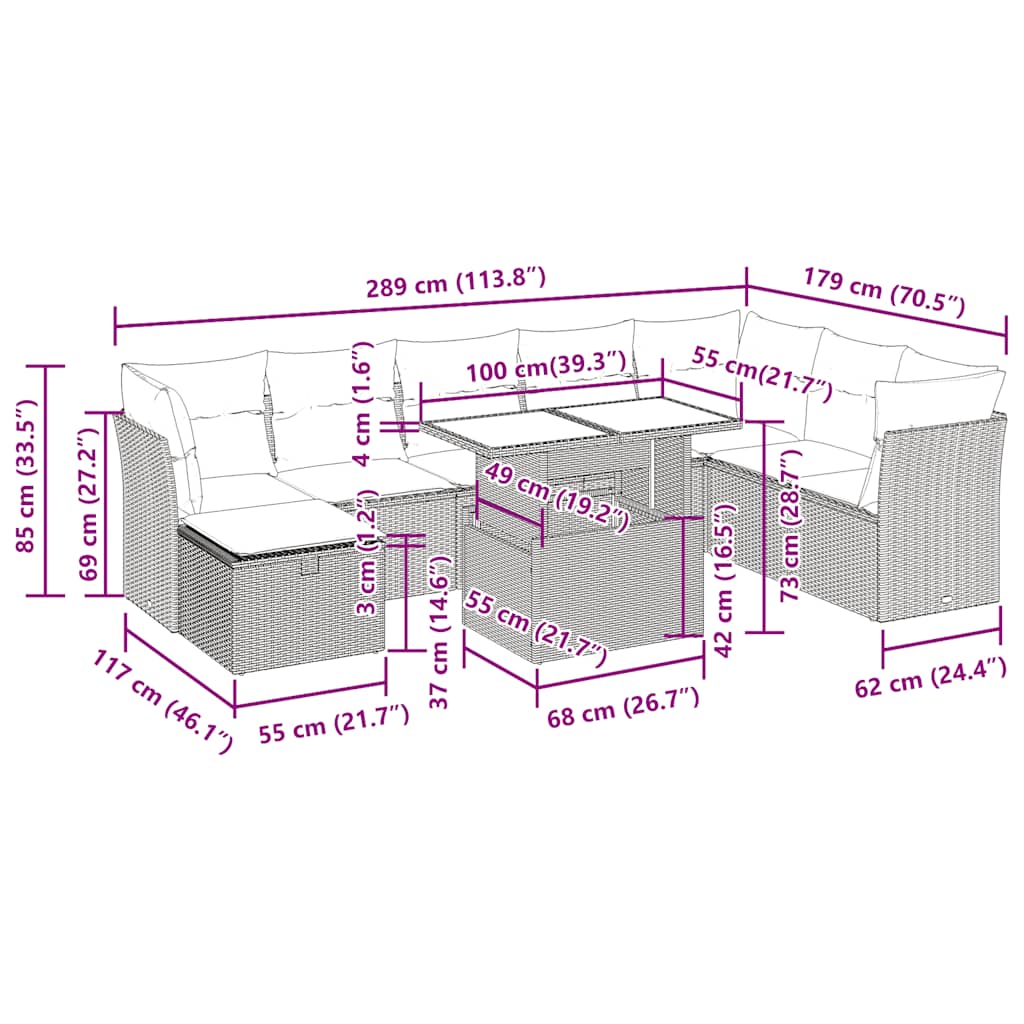 9-tlg. Garten-Sofagarnitur mit Kissen Braun Poly Rattan Akazie