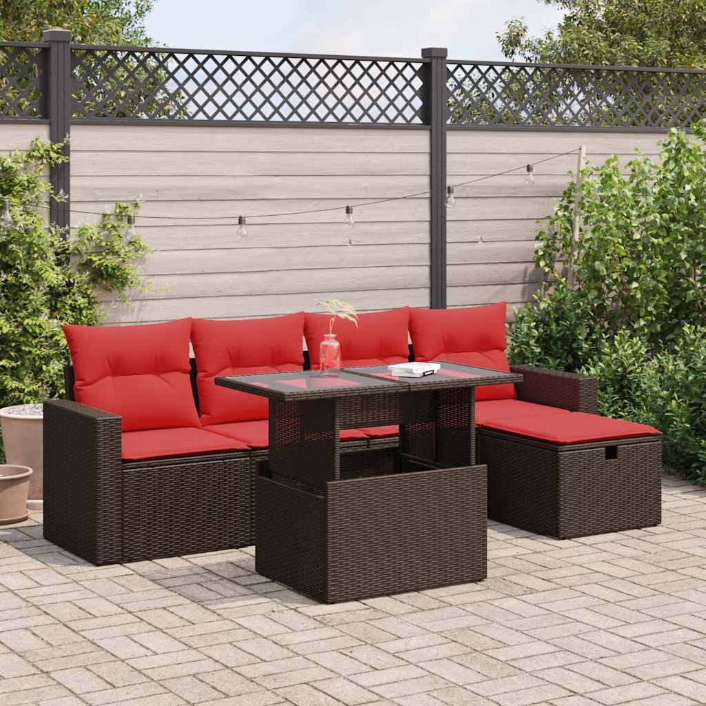 6-tlg. Garten-Sofagarnitur mit Kissen Braun Poly Rattan
