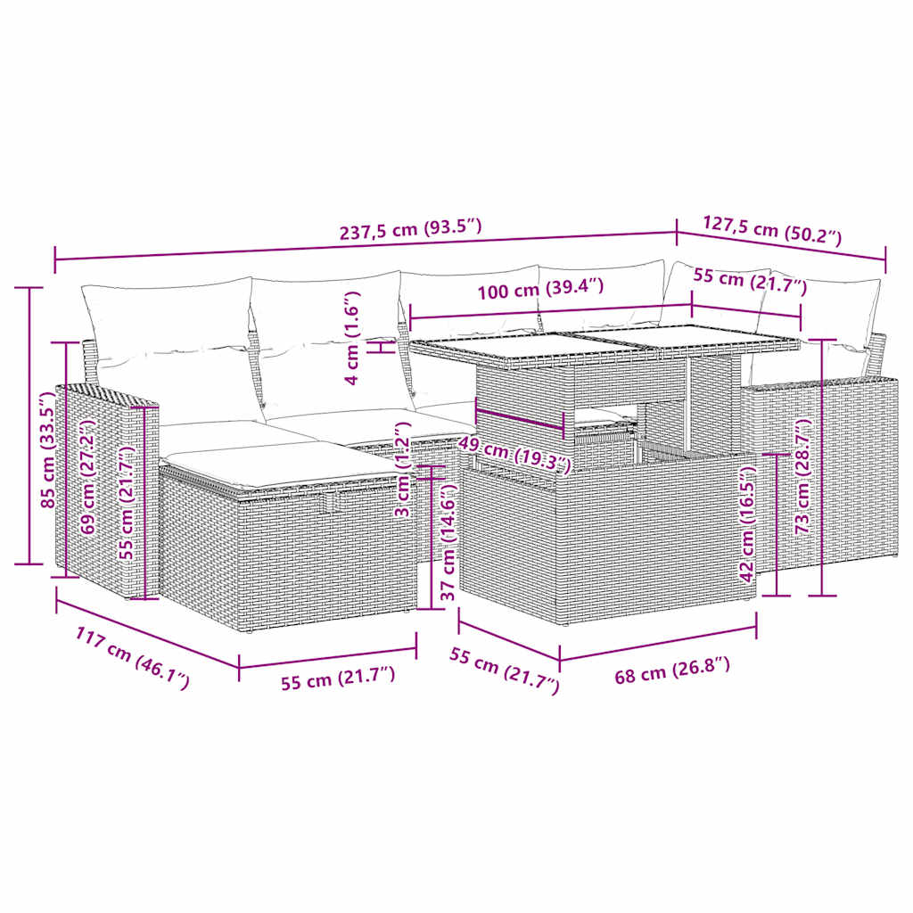 7-tlg. Garten-Sofagarnitur mit Kissen Beige Poly Rattan