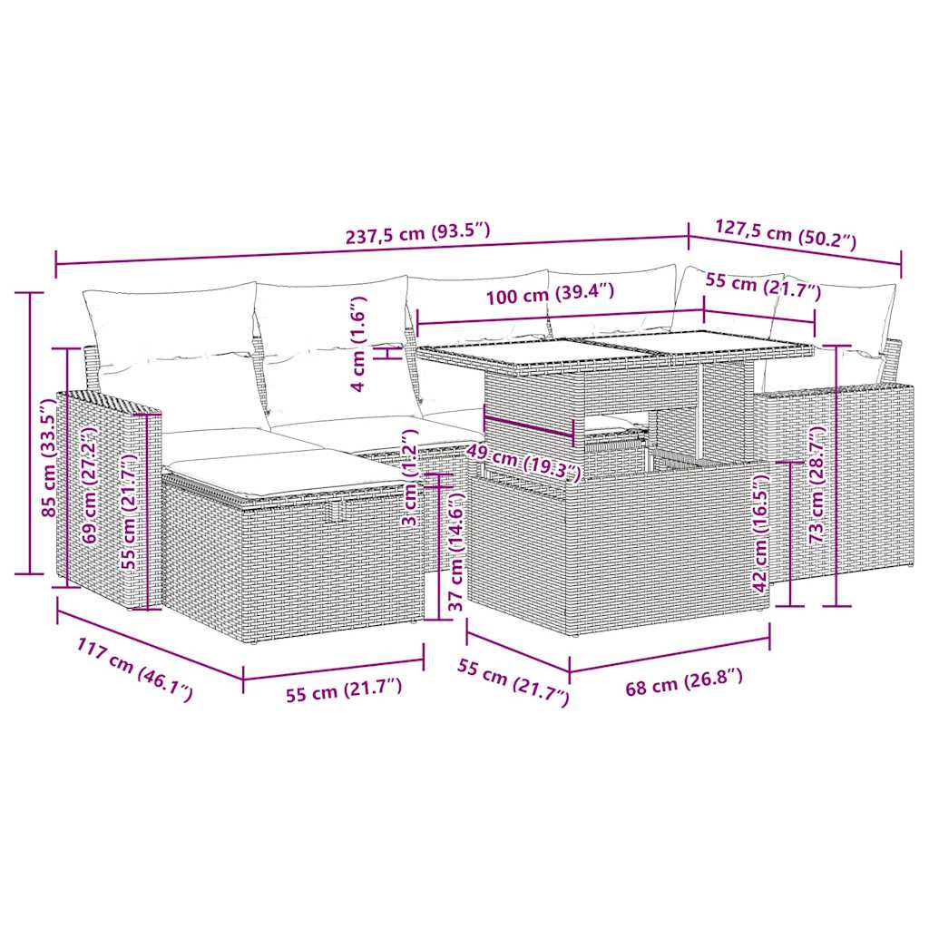 7-tlg. Garten-Sofagarnitur mit Kissen Beige Poly Rattan