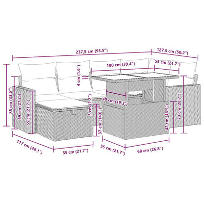 7-tlg. Garten-Sofagarnitur mit Kissen Grau Poly Rattan