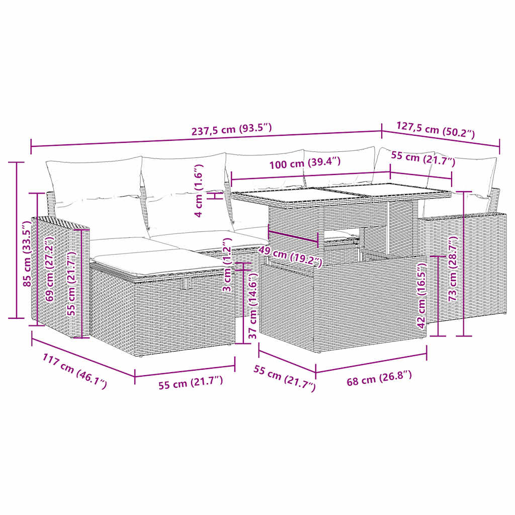 7-tlg. Garten-Sofagarnitur mit Kissen Grau Poly Rattan Akazie
