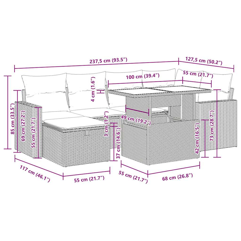 7-tlg. Garten-Sofagarnitur mit Kissen Braun Poly Rattan