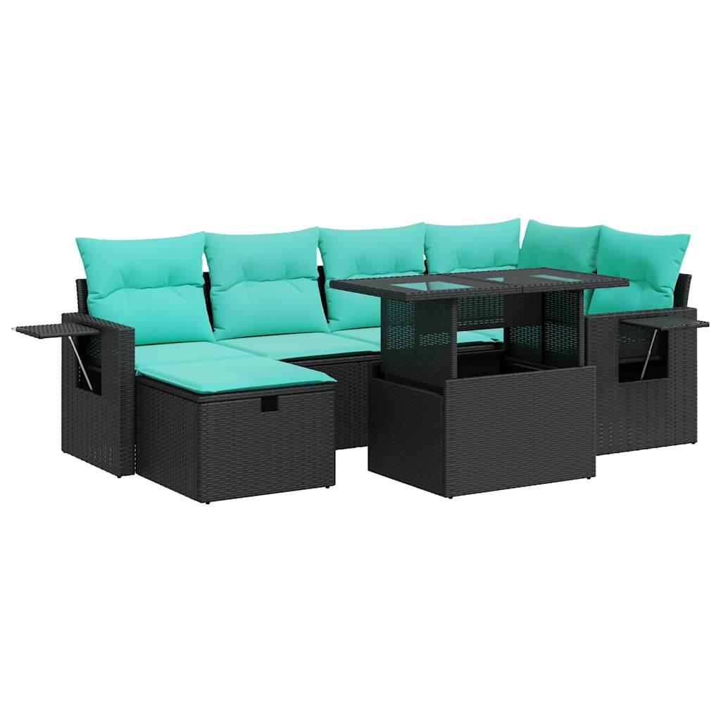 7-tlg. Garten-Sofagarnitur mit Kissen Grau Poly Rattan Akazie