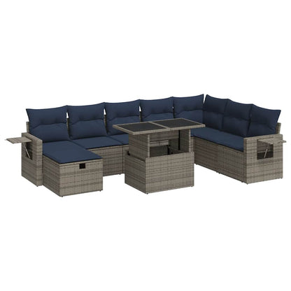 9-tlg. Garten-Sofagarnitur mit Kissen Grau Poly Rattan Akazie