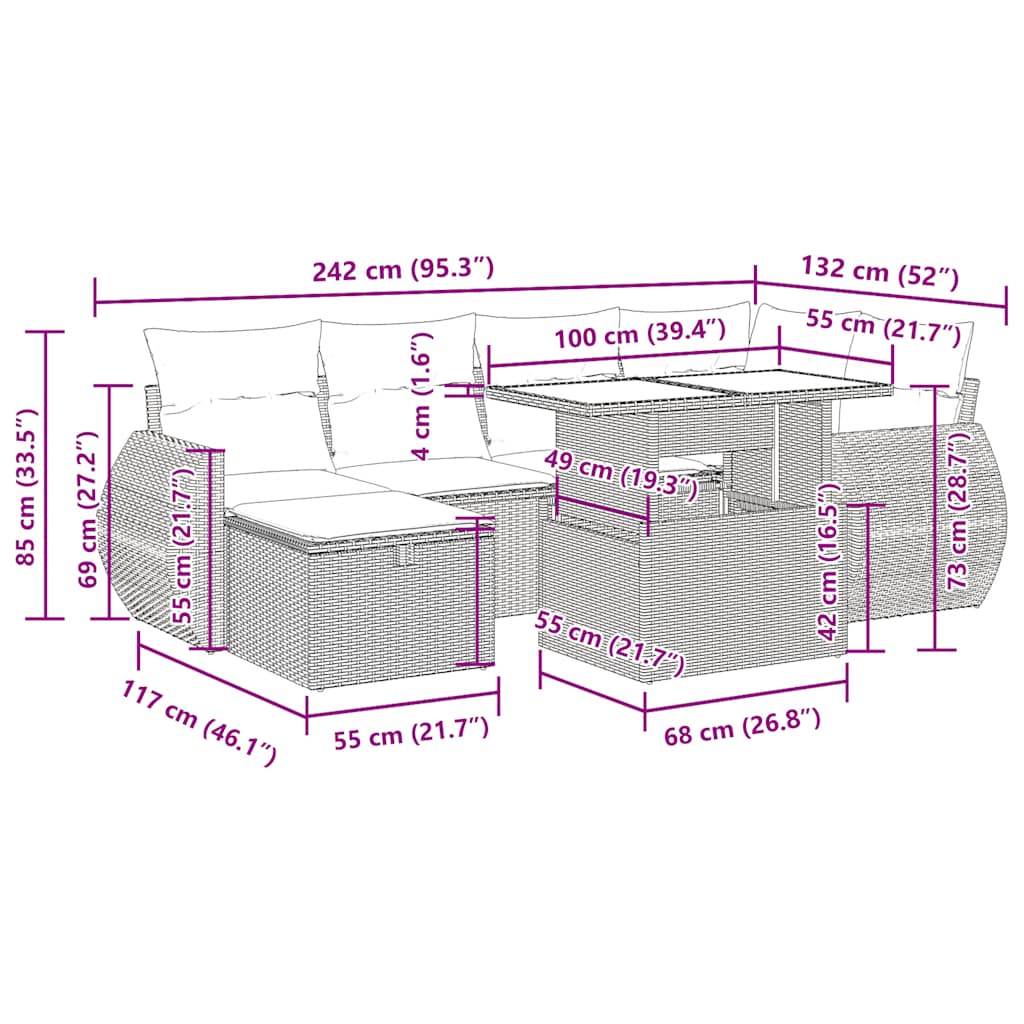 7-tlg. Garten-Sofagarnitur mit Kissen Schwarz Poly Rattan